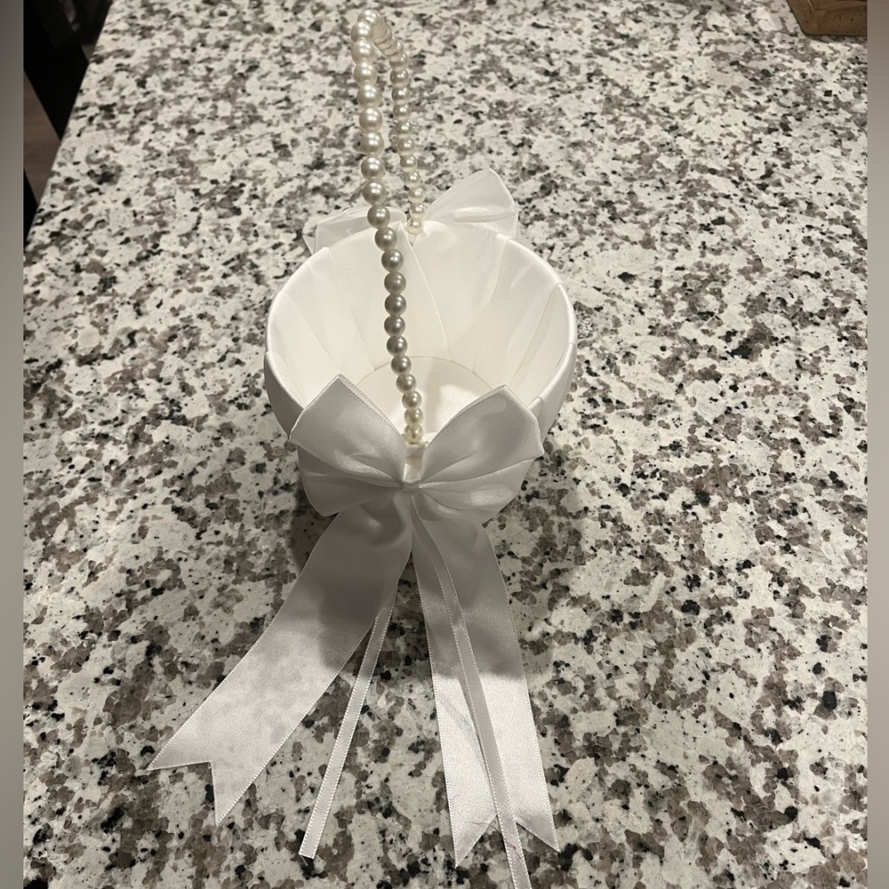 White Satin Flower Girl Basket with Pearl Handle